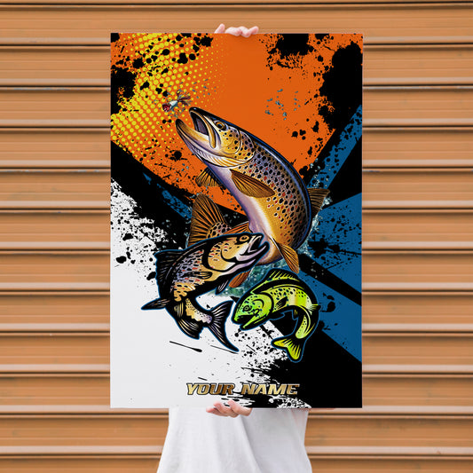 Maxcorners Brown Trout Fishing Pop Art Grunge Splash Design Personalized Name 3D Poster