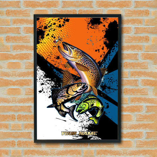 Maxcorners Brown Trout Fishing Pop Art Grunge Splash Design Personalized Name 3D Poster