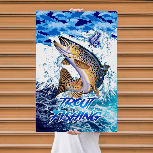 Maxcorners Brown Trout Fishing Ocean Camo Splash Design Personalized Name 3D Poster