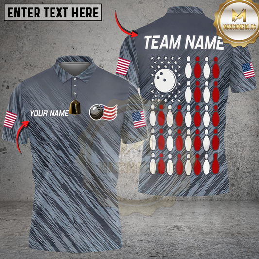 Maxcorners Bowling American Flag Gray Personalized Name, Team Name 3D Shirt
