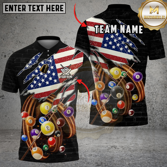 Maxcorners Billiards 8 Ball American Flag Spinning Balls Torn Effect Design Personalized Shirt