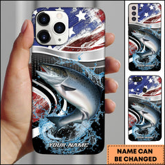 Maxcorners Chinook Fishing American Flag Metallic Wave Water Splash Art Personalized Name Phone Case