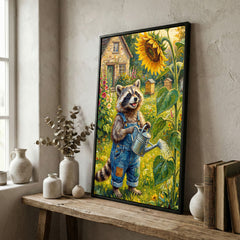 Maxcorners Cute Raccoon Gardener Watering Sunflower Rustic Farm Garden Canvas Wall Art