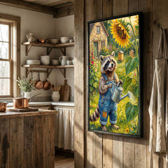 Maxcorners Cute Raccoon Gardener Watering Sunflower Rustic Farm Garden Canvas Wall Art