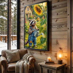 Maxcorners Cute Raccoon Gardener Watering Sunflower Rustic Farm Garden Canvas Wall Art