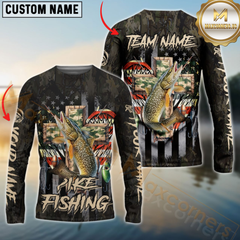 Maxcorners Pike Fishing American Flag Camo Cross Gear Sun Protection Personalized Name, Team Name Long Sleeve Shirt
