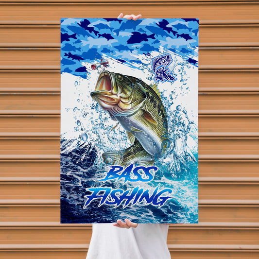 Maxcorners Largemouth Bass Fishing Ocean Camo Splash Design Personalized Name 3D Poster