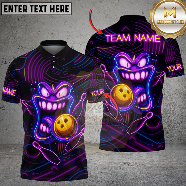 Maxcorners Bowling Shirt Neon Funny Smiley Face Multioptions Personalized Name, Team Name Unisex 3D Shirt (4 Colors)