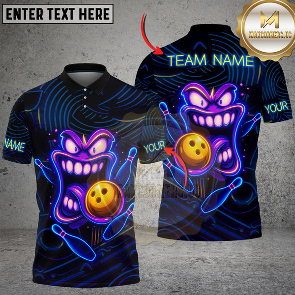 Maxcorners Bowling Shirt Neon Funny Smiley Face Multioptions Personalized Name, Team Name Unisex 3D Shirt (4 Colors)