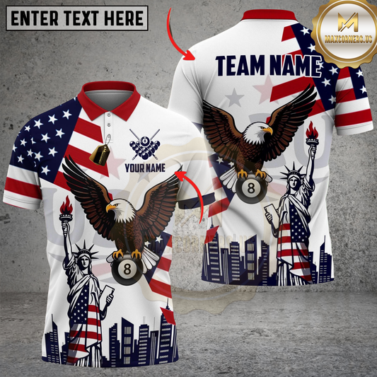Maxcorners Billiards 8 Ball American Flag Eagle Liberty Pool Master Personalized Shirt