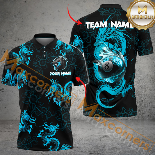Maxcorners Ball 8 Flame Dragon Billiard Jersey Multicolor Options Personalized Name, Team Name 3D Polo Shirt (4 Colors)