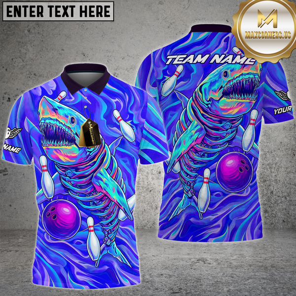Maxcorners Bowling Shirt Deep Sea Shark Neon Style Multioptions Personalized Name, Team Name Unisex 3D Shirt (4 Colors)