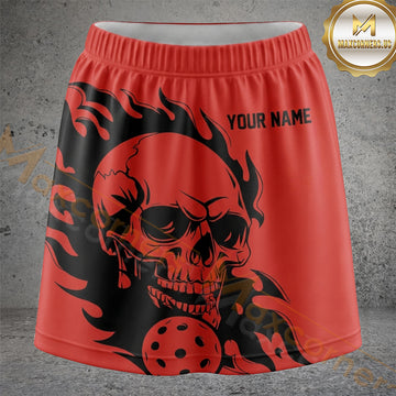 Maxcorners Pickleball Red Skull Flame Ball Personalized 3D Skort, Skirts With Shorts