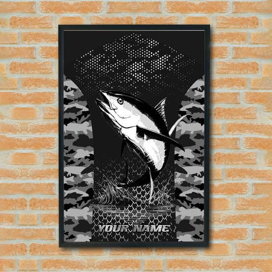 Maxcorners Tuna Fishing Black & White Camo Art Personalized Name 3D Poster