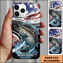 Maxcorners Striped Bass Fishing American Flag Metallic Wave Water Splash Art Personalized Name Phone Case