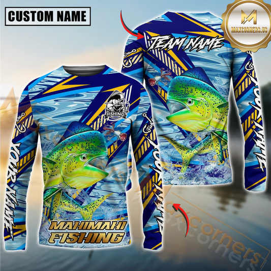 Maxcorners Mahi-Mahi Fishing Yellow Blue Lightning Pattern Design Custom Name & Team Name 3D Shirts