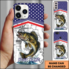 Maxcorners Walleye Fishing American Flag Nautical Sketch Style Personalized Name Phone Case
