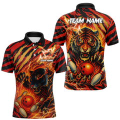 Maxcorners Personalized Tiger Bowling Shirts For Men, Orange Flame Lightning Thunder Tiger Team Bowling Jerseys LM105