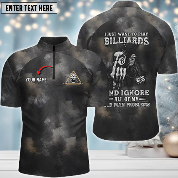 Maxcorners Billiards Skull Billiard 8-Ball Pool Player Old Men Personalized Name 3D Shirt