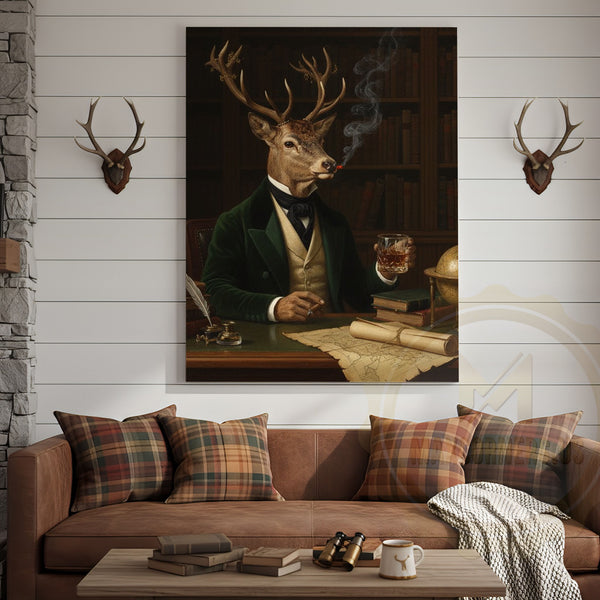 Maxcorners Aristocrat Deer Scholar with Whiskey and Cigar in Victorian Library Wrapped Canvas Wall Art