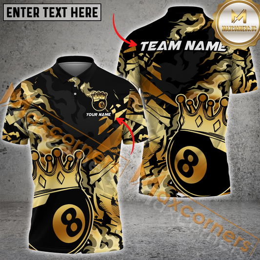 Maxcorners Billiard Ball 8 King Crown Golden Pattern Vintage Multicolor Options Personalized Name, Team Name 3D Polo Shirt