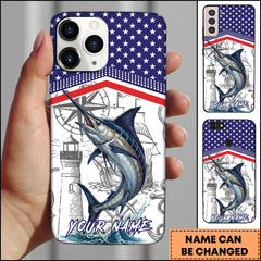 Maxcorners Marlin Fishing American Flag Nautical Sketch Style Personalized Name Phone Case