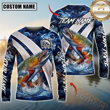 Maxcorners Trout Fishing Blue Lava Smoke Silver Line Design Custom Name & Team Name 3D Shirts