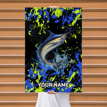 Maxcorners Marlin Fishing Neon Splash Abstract Art Personalized Name 3D Poster