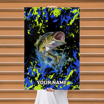 Maxcorners Largemouth Bass Fishing Neon Splash Abstract Art Personalized Name 3D Poster