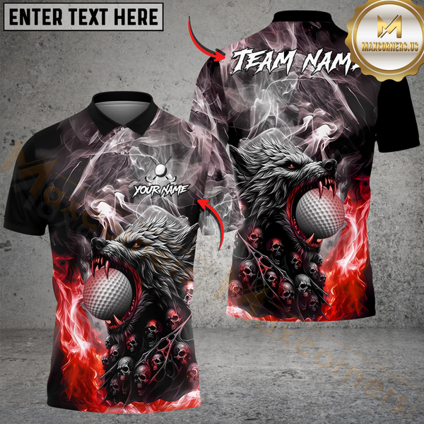 Maxcorners Fire Wolf Polo Golf Shirt, Customized Name & Team Name 3D Shirts (4 Colors)
