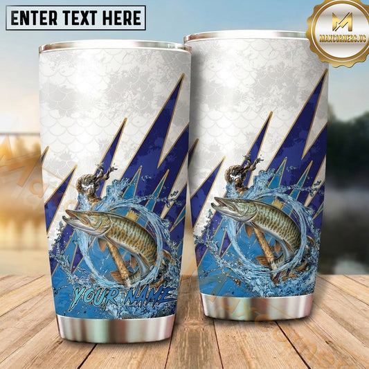 Maxcorners Fishing Tumbler White Blue Thunderbolt Splash Design Personalized Name Tumbler (13 Species)