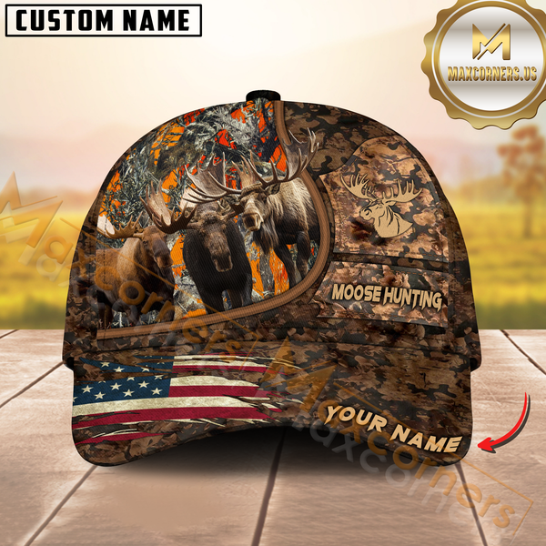 Maxcorners Moose Hunting Camo With American Flag Personalized Hat 3D Printed Multicolor | Brown