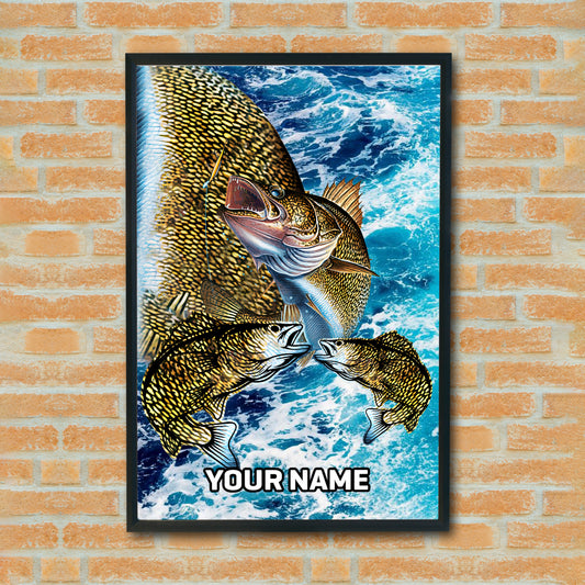 Maxcorners Walleye Fishing Ocean Scale Wave Art Personalized Name 3D Poster