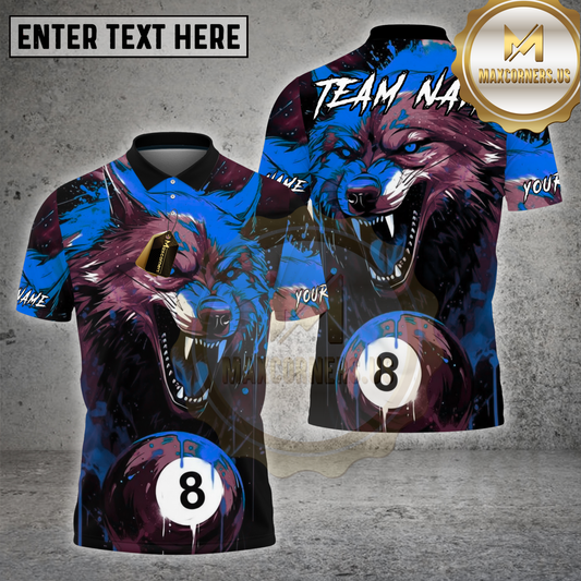 Maxcorners Billiards Shirt Wolf 8-Ball Purple Design Multicolor Options Personalized Name, Team Name 3D Shirt (4 Colors)