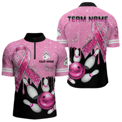 Maxcorners Black And Pink Ribbon Glitter Bowling Shirts For Men Custom Breast Cancer Team Bowling Jerseys LM105