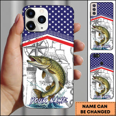 Maxcorners Pike Fishing American Flag Nautical Sketch Style Personalized Name Phone Case