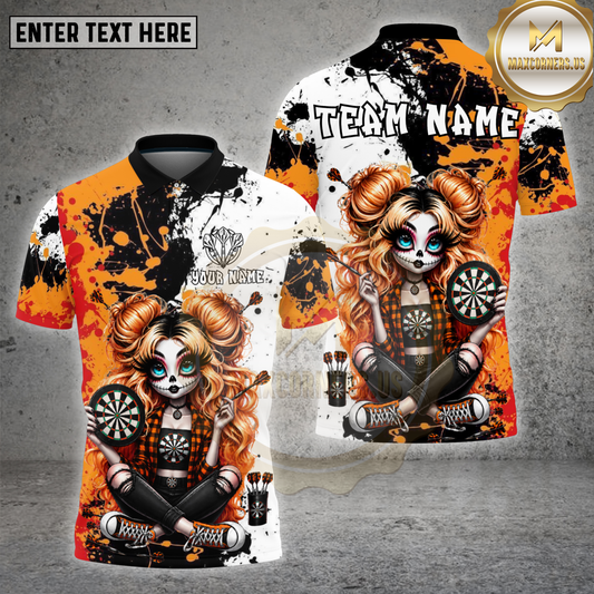 Maxcorners Darts Orange Sugar Skull Girl Paint Splatter Multicolor Options Personalized Name, Team Name 3D Shirt (4 Colors)