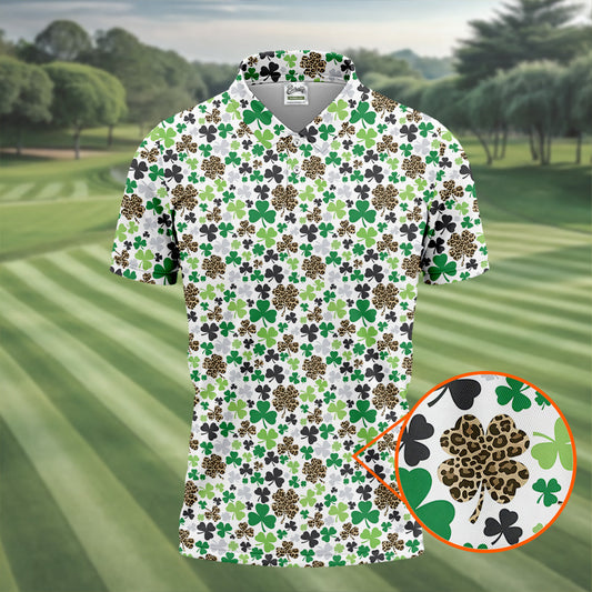 Maxcorners Leopard Pattern St Patrick's Day Shamrock Golf Shirt, Fun Golf Shirts For Men, Polo Shirts For Men