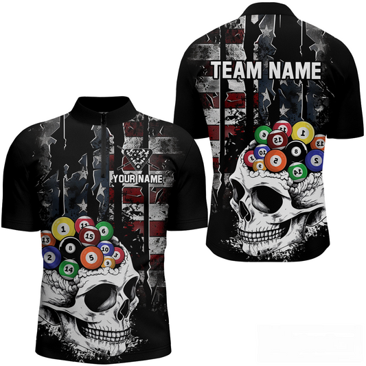 Maxcorners Personalized Skull Us Flag Billiard Team Jersey Billiard Shirts For Men Polo & 1/4 Zip LM283
