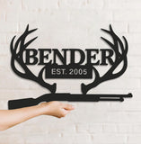 Maxcorners Personalized Metal Sign WITH LED/WITHOUT LED – Deer Antler Hunting Wall Decor with Rifle – Custom Rustic Cabin Sign for Hunters LM0110