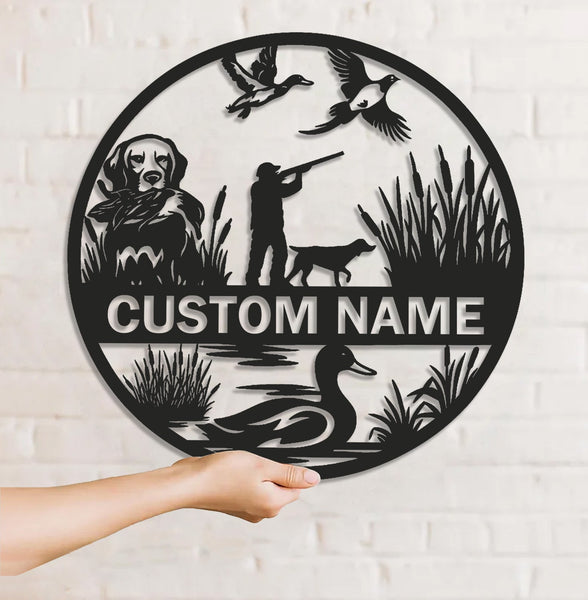 Maxcorners Personalized Metal Sign WITH LED/WITHOUT LED – Duck Hunting Scene with Dog and Hunter – Custom Rustic Wall Decor for Cabin and Lodge LM0110