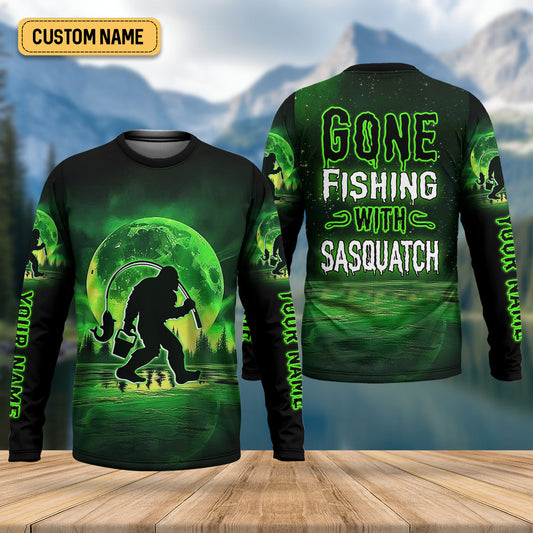 Maxcorners Gone Fishing With Sasquatch Neon Green Color Funny Fishing Shirt, SPF Shirt For Men, Presents For Fishermen