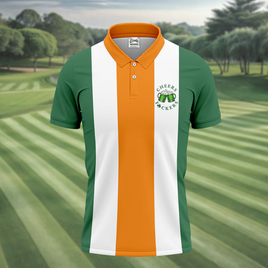 Maxcorners Green Orange White Vertical Stripes St Patrick's Day Golf Shirt, Polo Shirts For Men, Golf Shirts For Men