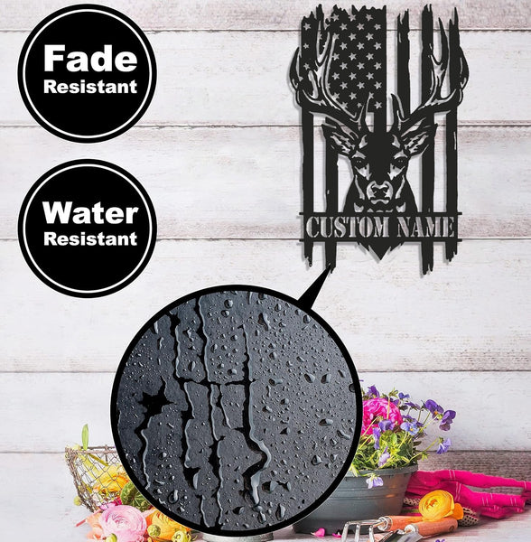 Maxcorners Personalized Vertical American Flag Deer Hunting Metal Sign WITH LED/WITHOUT LED Light Rustic Lodge Wall Decor LM0110