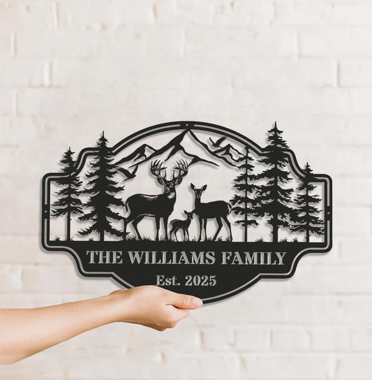 Maxcorners Personalized Deer Family Metal Sign WITH LED/WITHOUT LED - Rustic Cabin Wall Decor, Custom Name Hunting Lodge Sign LM0110