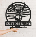 Maxcorners Personalized Deer Hunting Metal Sign WITH LED/WITHOUT LED, Rustic Buck Wall Art with American Flag, Cabin & Lodge Decor for Hunters LM0110
