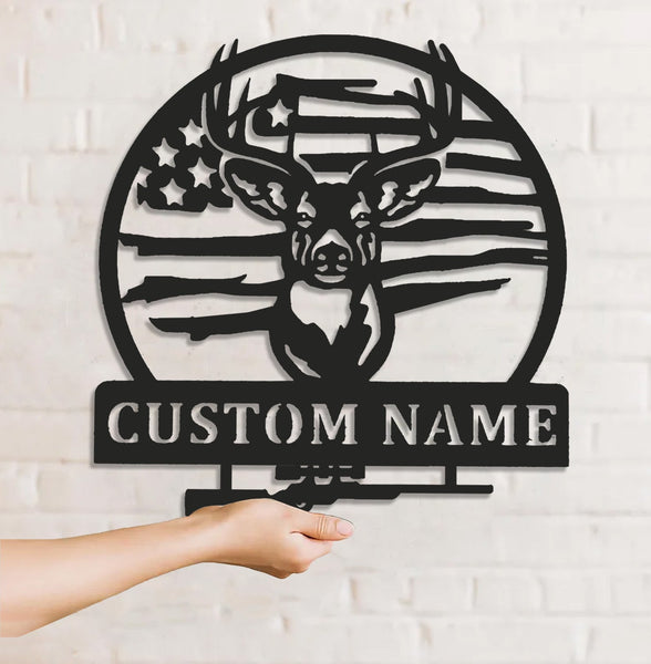 Maxcorners Personalized Deer Hunting Metal Sign WITH LED/WITHOUT LED, Rustic Buck Wall Art with American Flag, Cabin & Lodge Decor for Hunters LM0110
