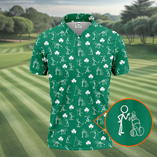 Maxcorners Stick Figure Golf Pose St Patrick's Day Shamrock Green Golf Shirt, Polo Shirts For Men, Golf Shirts For Men