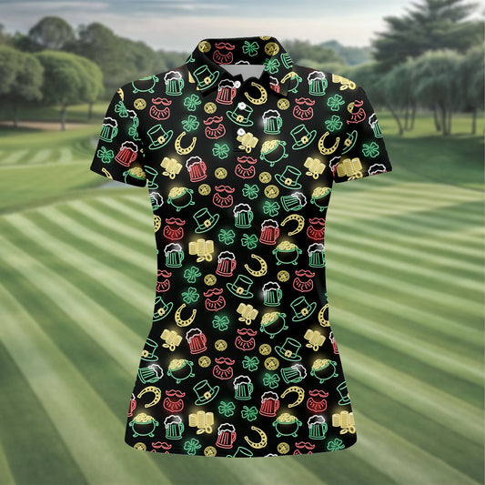 Maxcorners Leprechaun Hats Gold Coins Pot St Patrick's Day Shamrock Golf Shirt, Women's Golf Tops, Ladies Golf Polos