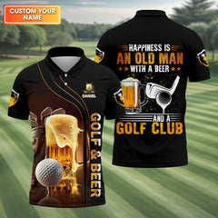 Maxcorners Happiness Is An Old Man With A Beer And A Golf Club Custom Funny Golf Polo Shirt, Dad Golf Gifts